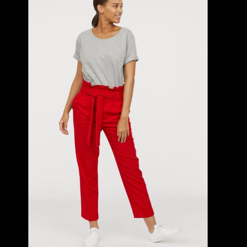 H&M Bright Red High Waisted Paper Bag Belted Pants
